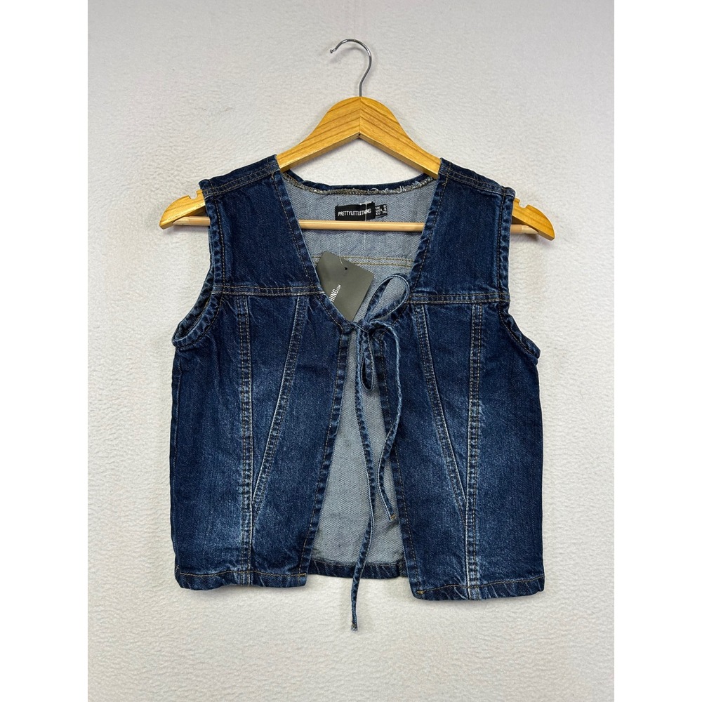Y2K Boho PrettyLittleThing Women 4 Dark Wash Blue Front Tie Denim Vest
